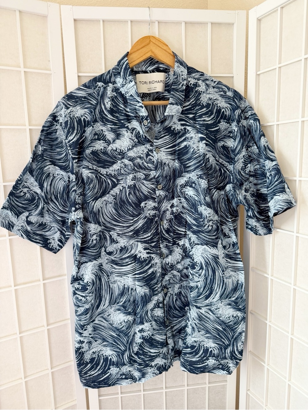 Tori Richard Blue Wave Print Aloha Hawaiian Button Down Shirt XL